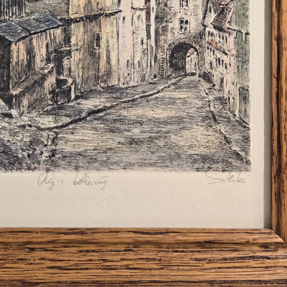 Framed Rothenburg ob der Tauber Etching Print – Hand-Colored Etching signed - Picture 6 of 10